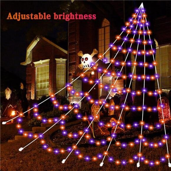Electric Lighted Spider Web and Spider – LumaBase Halloween Decoration Spider Web with 350 LEDs, Adjust Brightness, 8 Light Modes